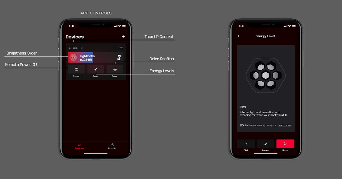 Tramite l'app SOUNDBOKS possiamo controllare l'intensità, le modalità di funzionamento e il colore di Lightboks. Possiamo controllare la versione del firmware e effettuare upgrade del sistema e possiamo anche controllare la funzione TeamUp che ci consente di collegare più Lightboks insieme 