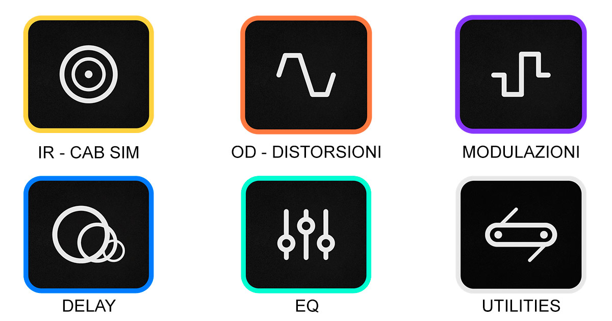Vista delle categorie di blocchi disponibili all'interno dell'interfaccia touchscreen del Darkglass Anagram