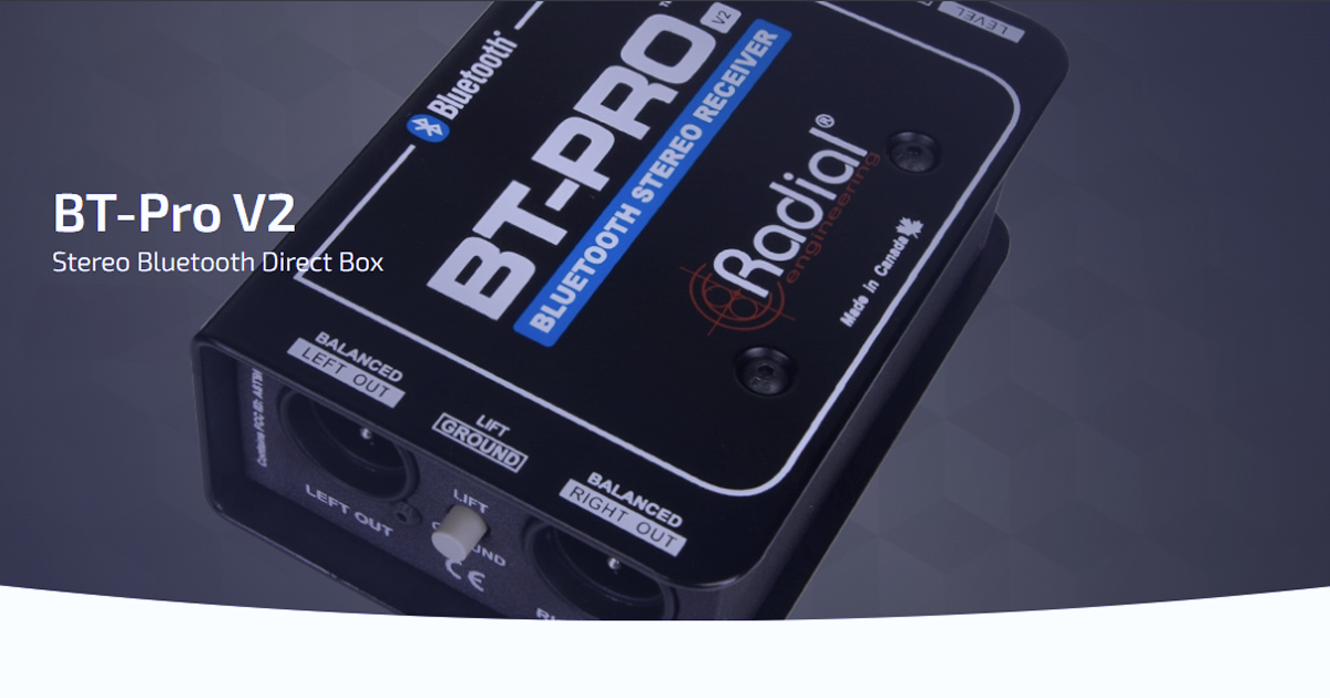 BT-Pro V2 di Radial Engineering è una Direct Box con Bluetooth integrato in grado di collegarsi wireless a smartphone, tablet e altri dispositivi mobili, con una coppia di uscite audio analogiche bilanciate (connettori XLR) per collegarsi ad un PA System.