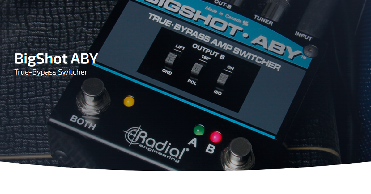 BigShot ABY™ di Radial Engineering è un selettore True-bypass ABY che consente il passaggio senza disturbi o interruzione tra due diversi amplificatori.
