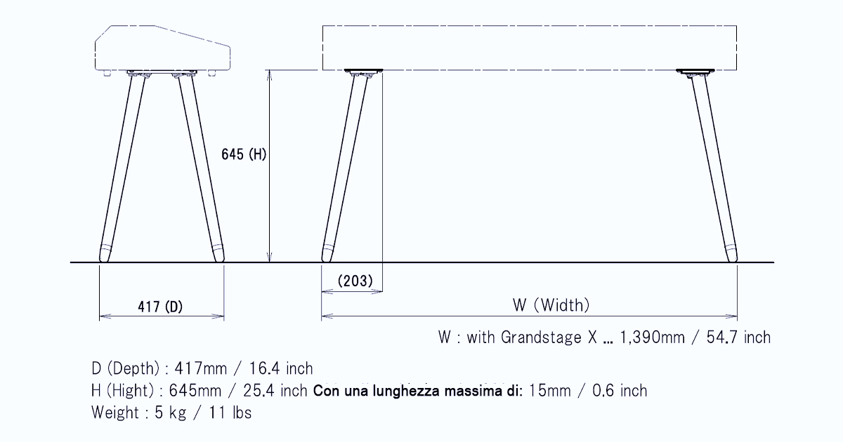 Gambe realizate in legno di zelkova dal design elegante e sottile Ogni gamba si avvita ad una apposita piastra metallica fissata sotto lo strumento