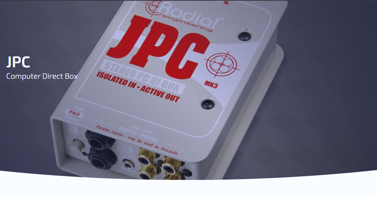 JPC è ideale per collegare ad un PA system un computer o altro dispositivo audio consumer senza i disturbi tipici indotti da queste unità. Possiede connessioni ¼", RCA e 3,5 mm per facilitare l’interfacciamento, Pad di attenuazione -15db, Ground Lift, uscite bilanciate XLR, si alimenta tramite phantom 48V.