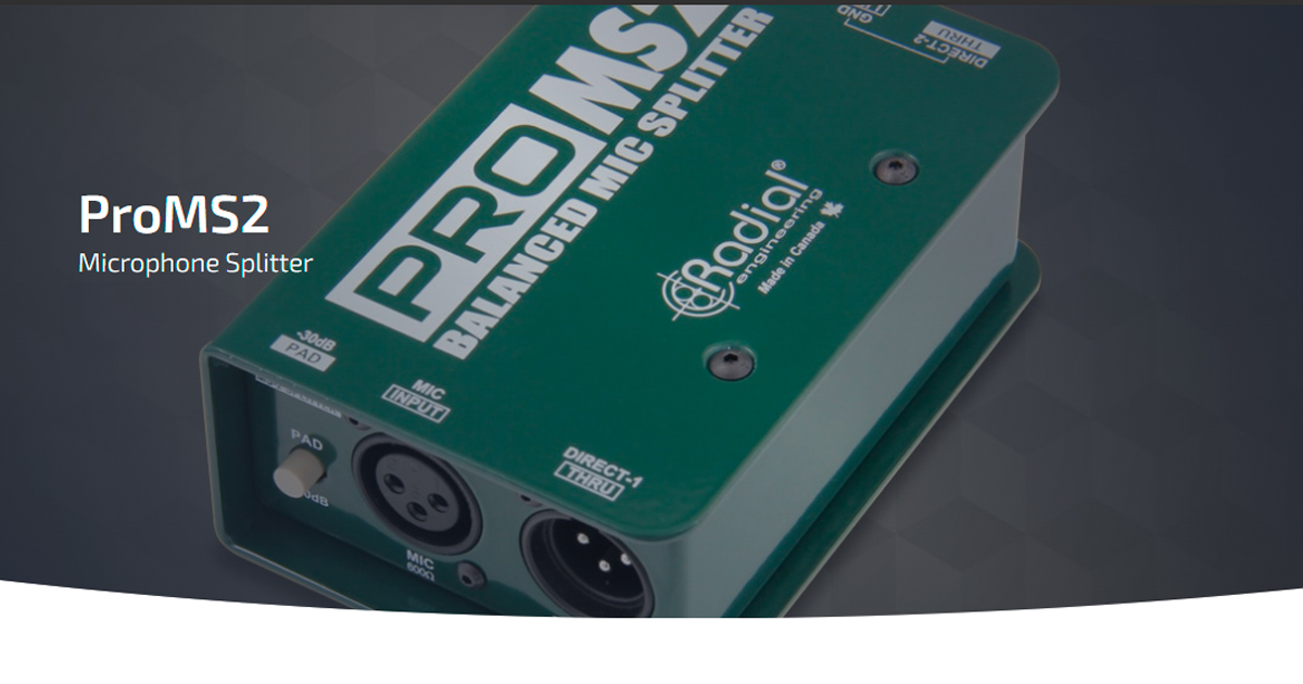 ProMS2™ di Radial Engineering è uno splitter microfonico passivo a 2 vie bilanciato, realizzato per inviare un segnale audio a più destinazioni contemporaneamente sul palco, con un'uscita isolata tramite trasformatore e due uscite dirette.