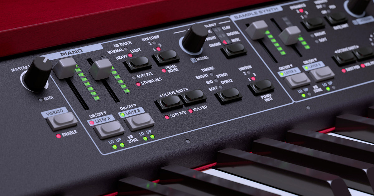 l’Advanced Layering, la possibilità cioè di poter stratificare 2 suoni di piano di vario tipo tra loro, con il controllo e la visualizzazione del livello tramite uno Fader e una LED Strip dedicati.