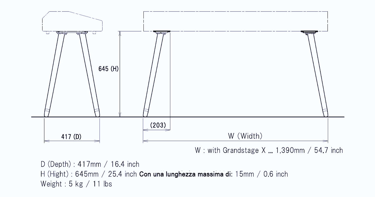 Gambe realizate in legno di zelkova dal design elegante e sottile Ogni gamba si avvita ad una apposita piastra metallica fissata sotto lo strumento Gambe realizate in legno di zelkova dal design elegante e sottile Ogni gamba si avvita ad una apposita piastra metallica fissata sotto lo strumento