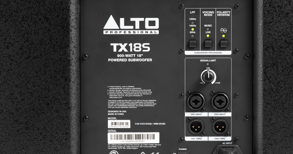 Connessioni e controlli DSP dei Subwoofer amplificati TX12S e TX18S della Alto Professional. La nuova serie TX4, SUB con 900W di potenza di picco.