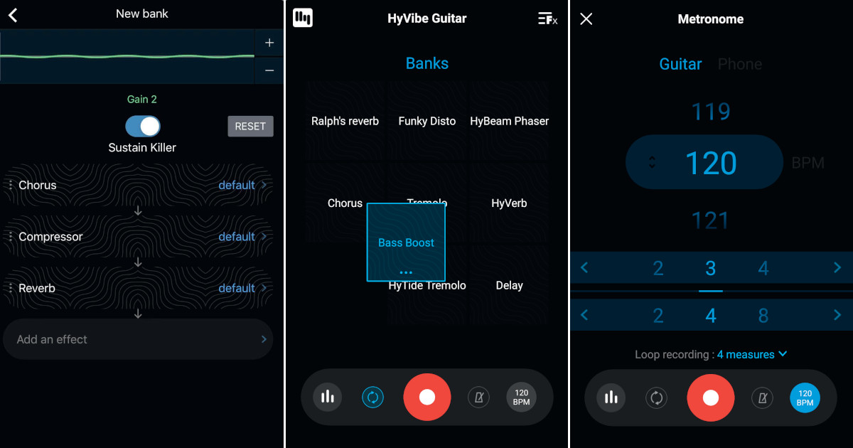 ...concatenare fino a 4 effetti, selezionare e modificare i preset e gestire le impostazioni del looper.