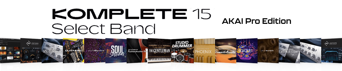 Komplete 15 Select Band AKAI PRO Edition: versione perfetta per sessioni di songwriting e jam, questa versione offre strumenti campionati come chitarre, tastiere e bassi, oltre a effetti da studio di alta qualità.