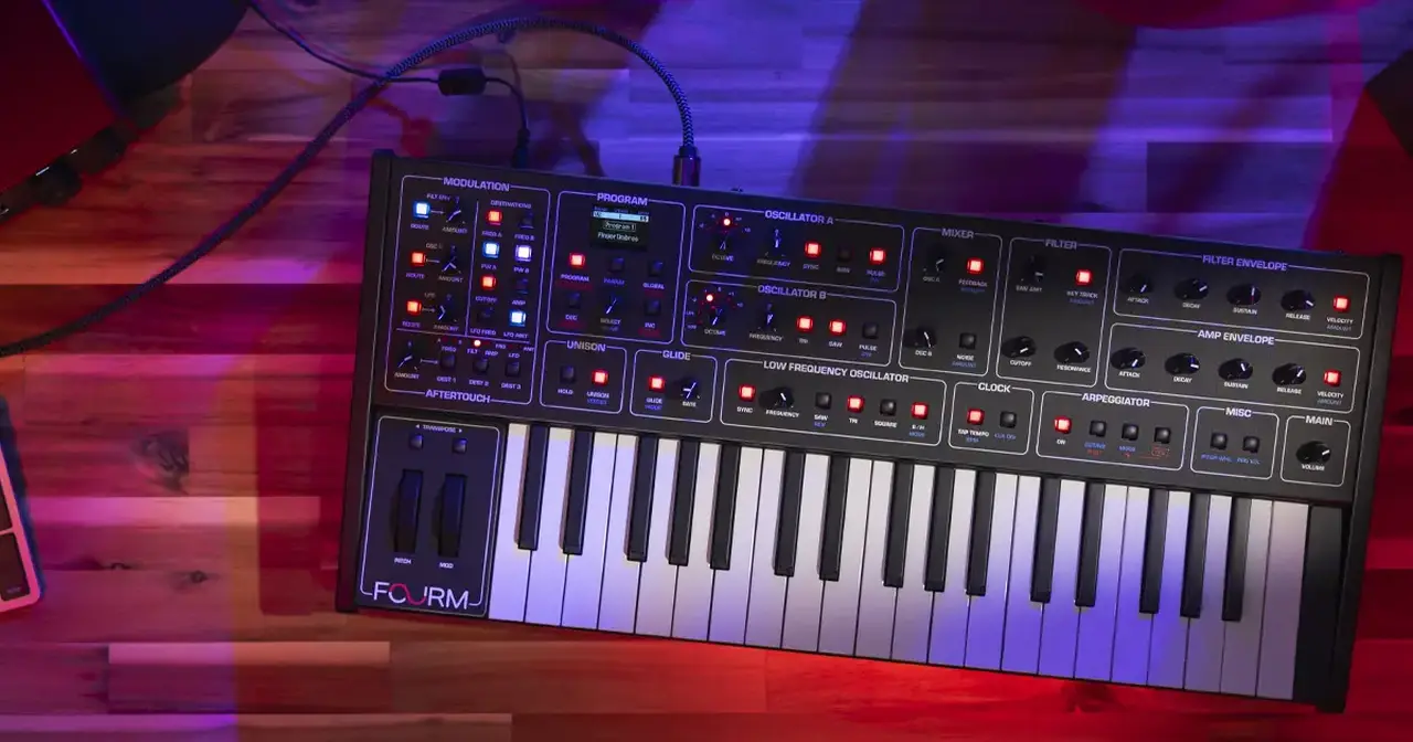 Sequential Fourm è un synth analogico a 4 voci con tastiera 37 tasti slim e aftertouch polifonico. Dual VCO, Sync, filtro 4-poli con bass compensation, drive/feedback e ricca matrice di modulazione. Arp/Sequencer con glide per step.