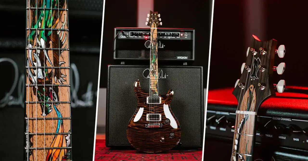 La Private Stock 40th Anniversary McCarty Dragon è una chitarra raffinata, con un intarsio di un drago su tutta la tastiera disegnato da un artista fantasy