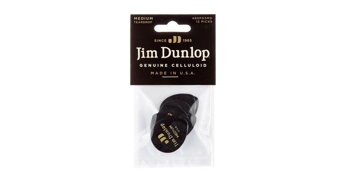 Dunlop 485P-03MD Celluloid Teardrop, Black Medium Player's Pack/12
